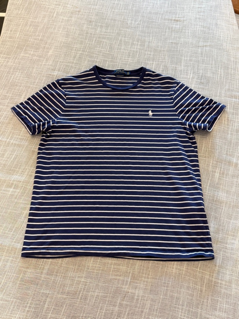 Polo Ralph Lauren Womens Striped T Shirt Navy White Pony Logo Large